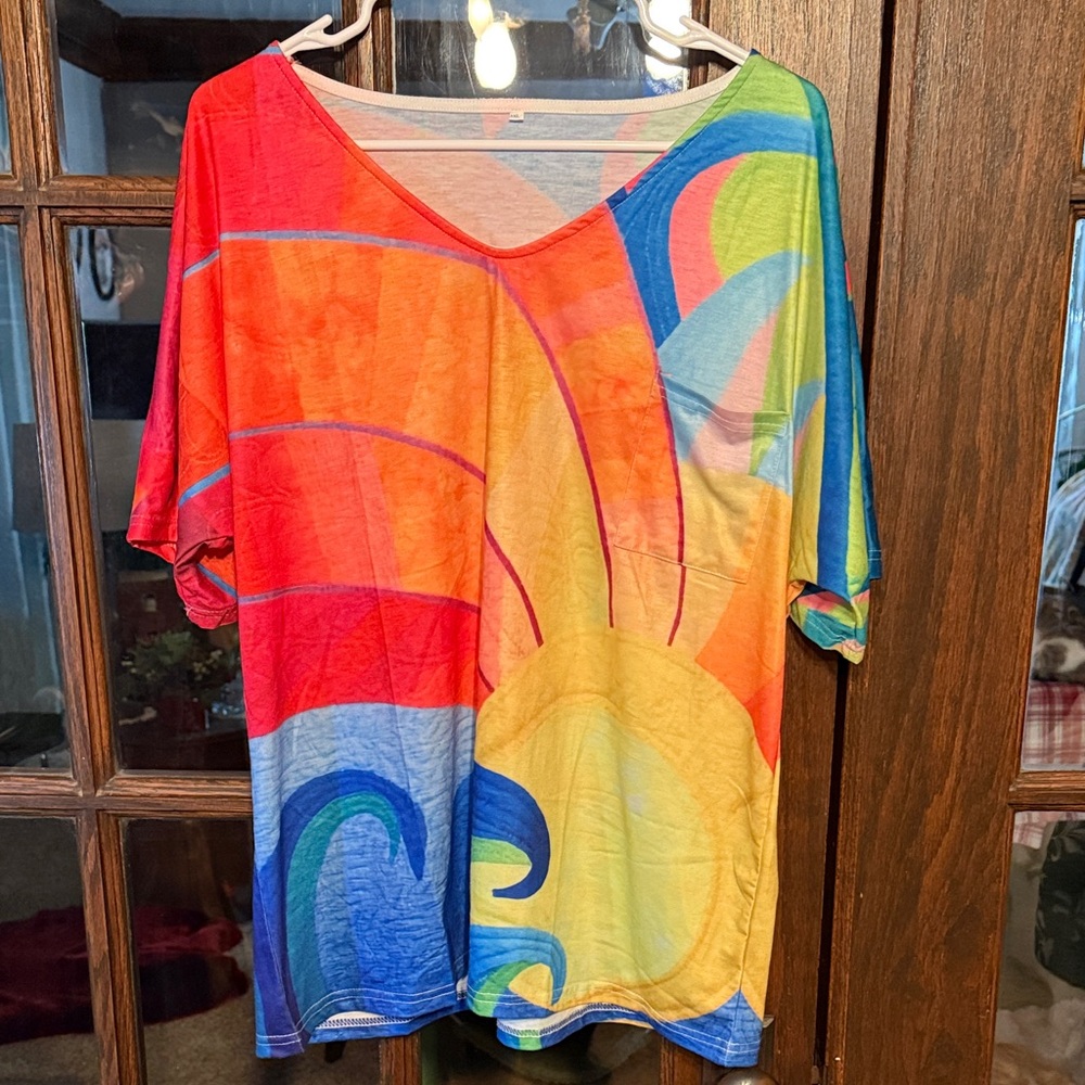 Womens 3XL Sun and‎ Wave Graphic V-Neck T-Shirt Multi-Color Beach Summer Top